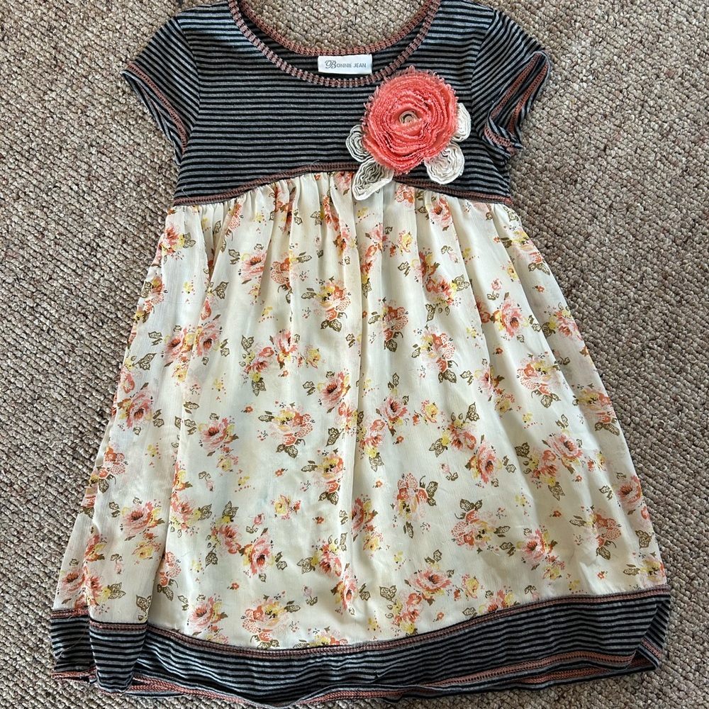 Bonnie Jean Floral Striped Kids Dress with Coral Accent